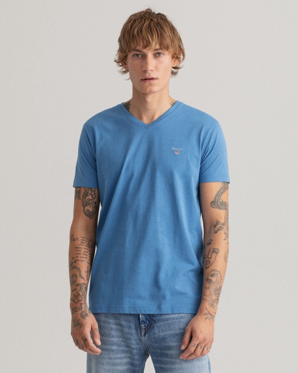 Gant Original Slim Fit V-Neck Men's T-shirts Blue | z6QAGypN7em