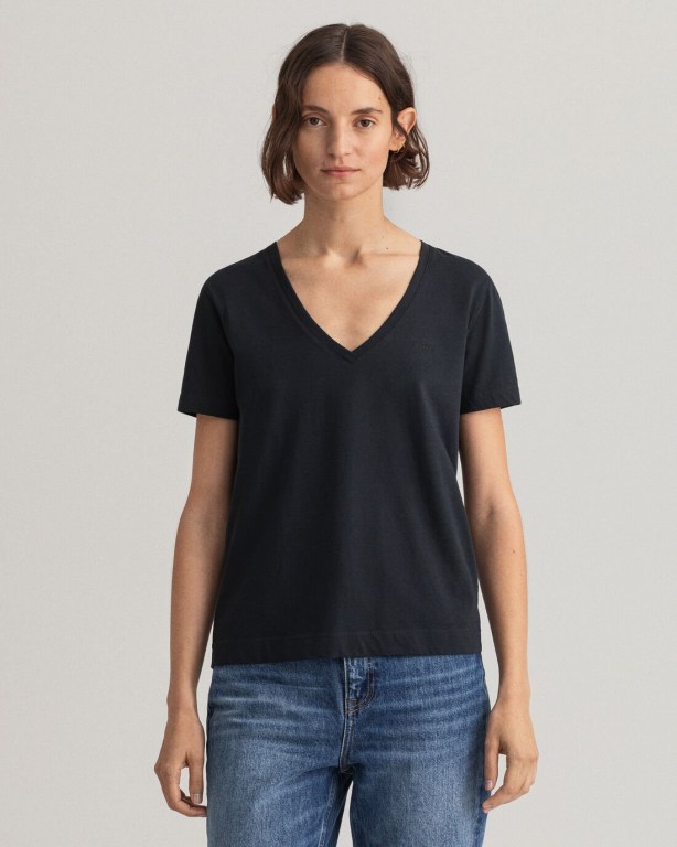 Gant Original V-Neck Women's T-shirts Black | TEFeXPKredv