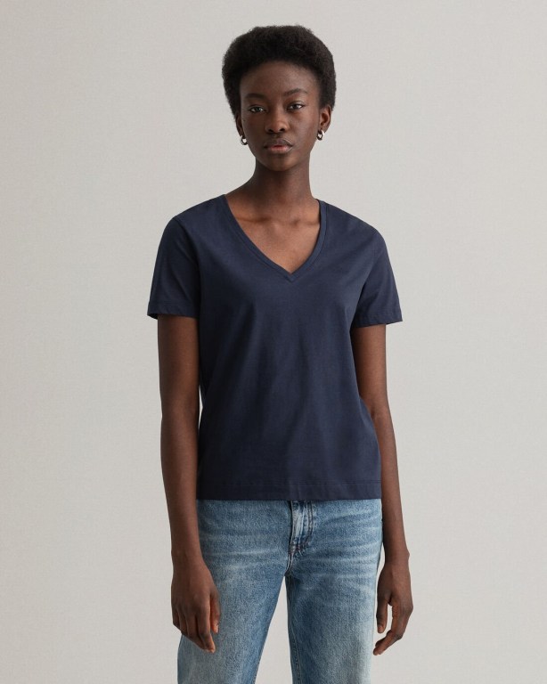 Gant Original V-Neck Women's T-shirts Blue | h1cArxGA8qa