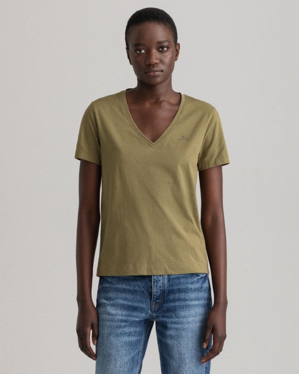 Gant Original V-Neck Women's T-shirts Green | VwLSVkZFmLI