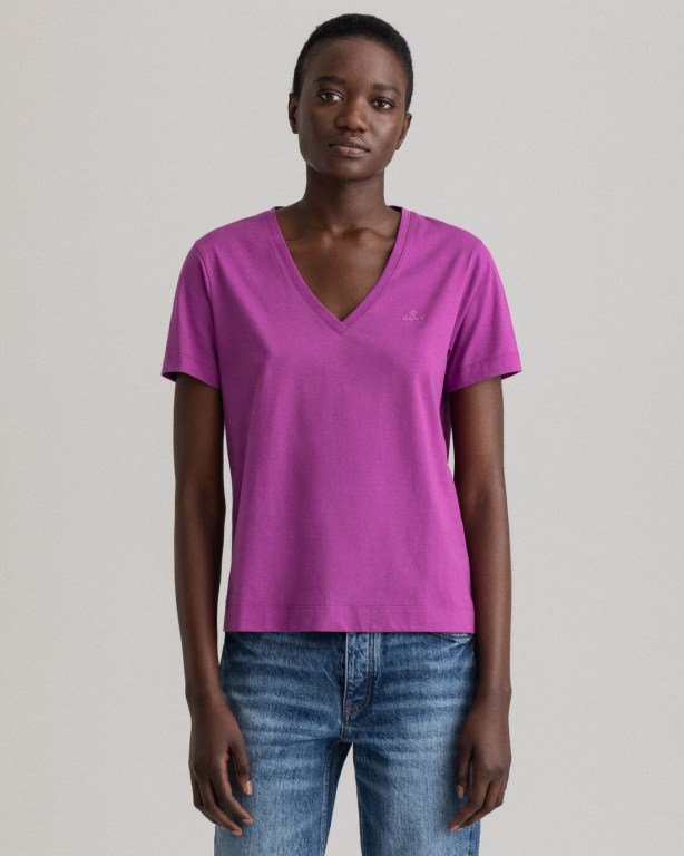 Gant Original V-Neck Women's T-shirts Purple | C0byjNnjxah