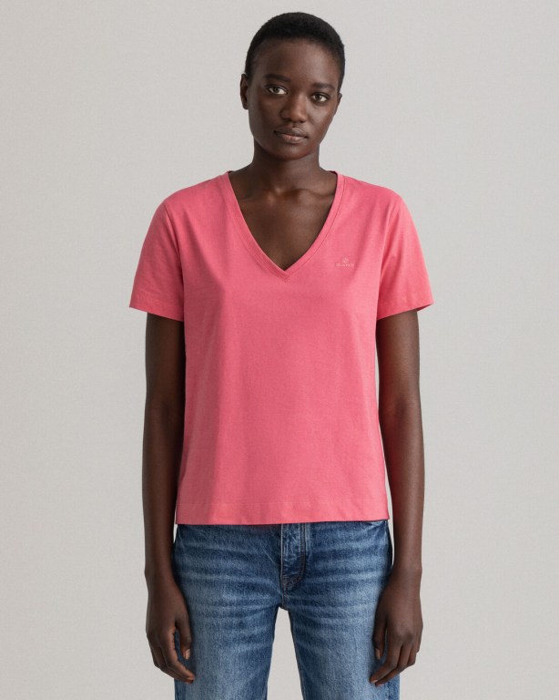 Gant Original V-Neck Women's T-shirts Rose | NXn4OFXP2r0