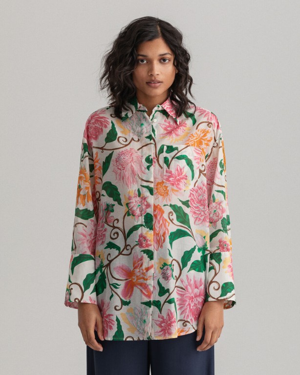 Gant Oversized Dahlia Print Cotton Silk Women's Shirts White | gfpUXR7lAKR