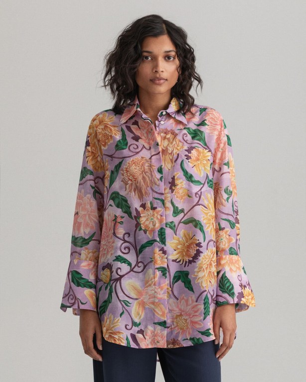 Gant Oversized Dahlia Print Cotton Silk Women's Shirts Purple | hCfUhjdBWNV