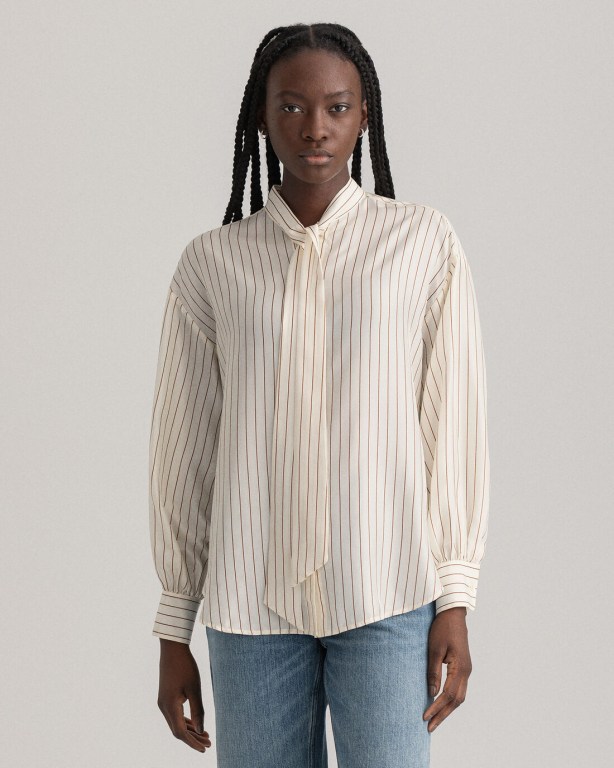 Gant Pinstripe Bow Silk Women's Shirts White | MPcSBx9xsnr