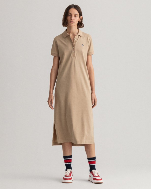 Gant Piqué Polo Women's Dresses Dark Khaki | v0wKhUjis5m