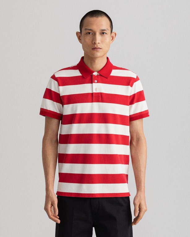 Gant Printed Barstripe Piqué Men's Polo Shirts Red | cBlTTUkXE7W