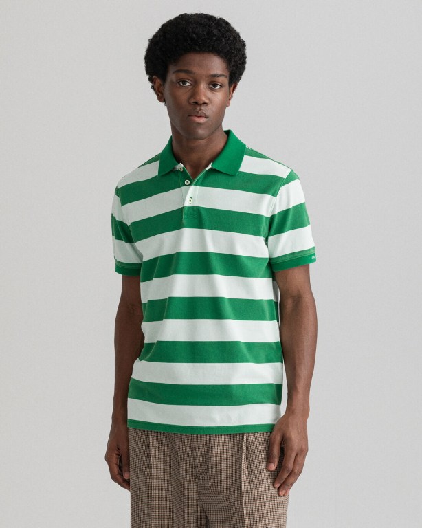 Gant Printed Barstripe Piqué Men's Polo Shirts Green | qw1i27pMzmO