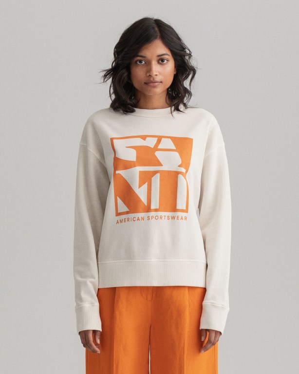 Gant Quadrat Logo Crew Neck Women's Sweatshirts White | B3LLV2JhASK