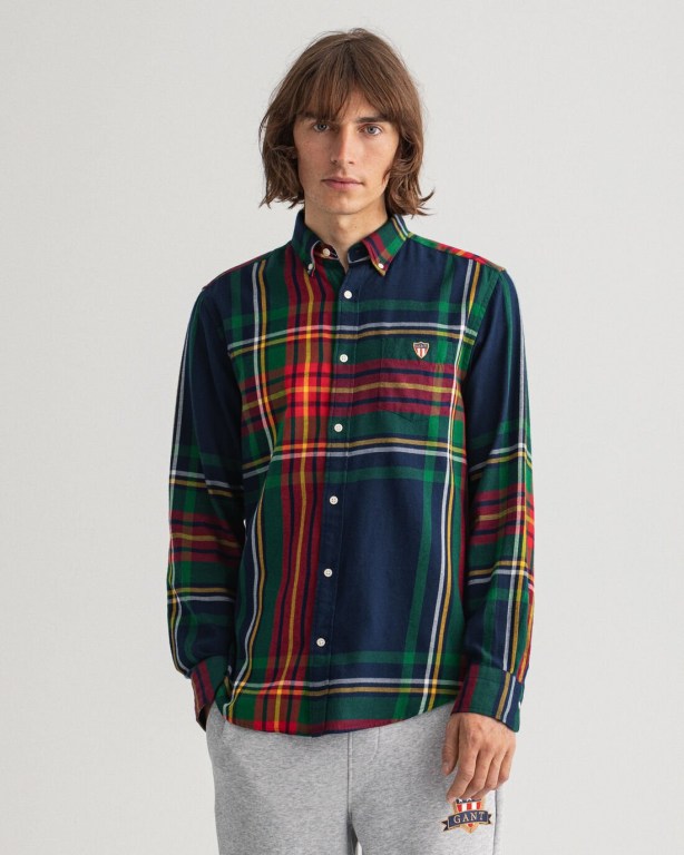 Gant Regular Fit Banner Shield Flannel Men's Shirts Blue | CHpPCUcZfUk