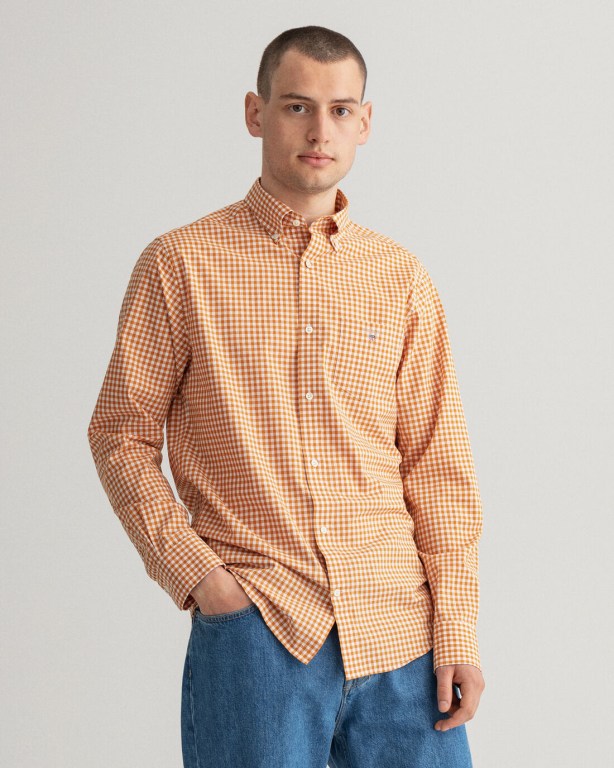 Gant Regular Fit Broadcloth Gingham Men's Shirts Dark Mustard Orange | 5ZxIJHk3Kjo