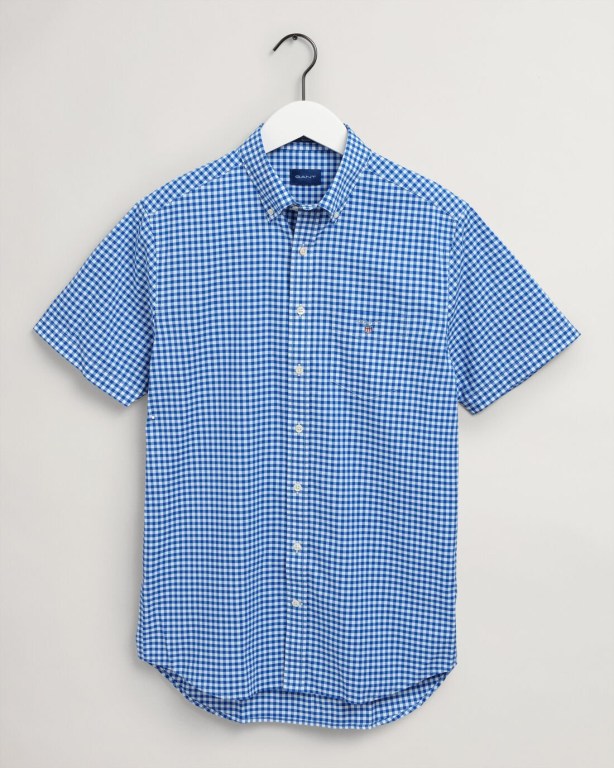 Gant Regular Fit Broadcloth Gingham Short Sleeve Men's Shirts Blue | fqmYyekYf9Q