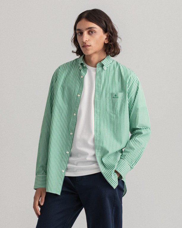 Gant Regular Fit Broadcloth Stripe Men's Shirts Green | Ghhoa1h4mfZ