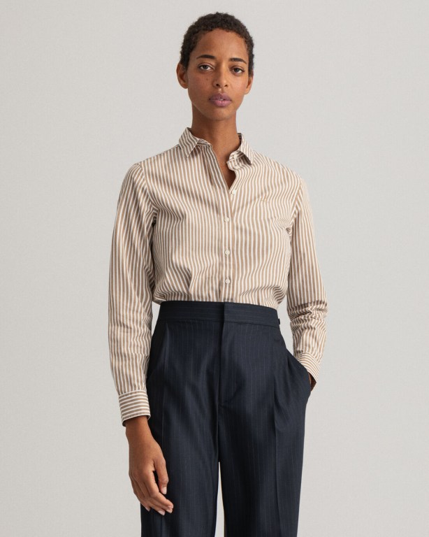 Gant Regular Fit Broadcloth Striped Women's Shirts Khaki | GVRpeDP2yjG