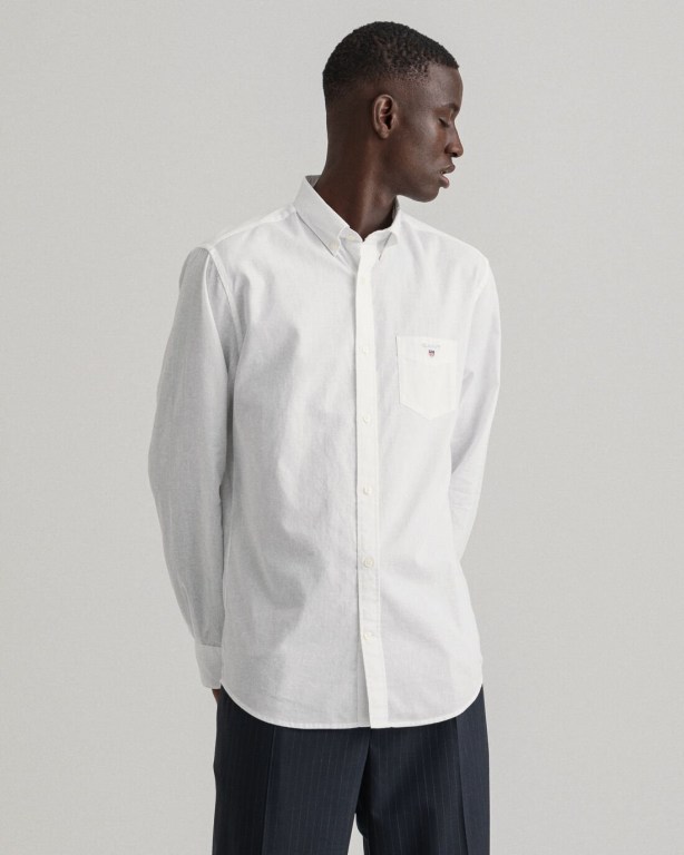 Gant Regular Fit Cotton Linen Men's Shirts White | Ng3OTWzf7ye