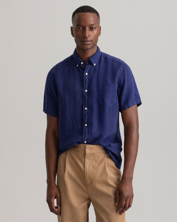 Gant Regular Fit Gart-Dyed Linen Short Sleeve Men's Shirts Blue | XaPNFwUsL0X