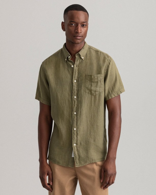 Gant Regular Fit Gart-Dyed Linen Short Sleeve Men's Shirts Green | q2OySteiBVC