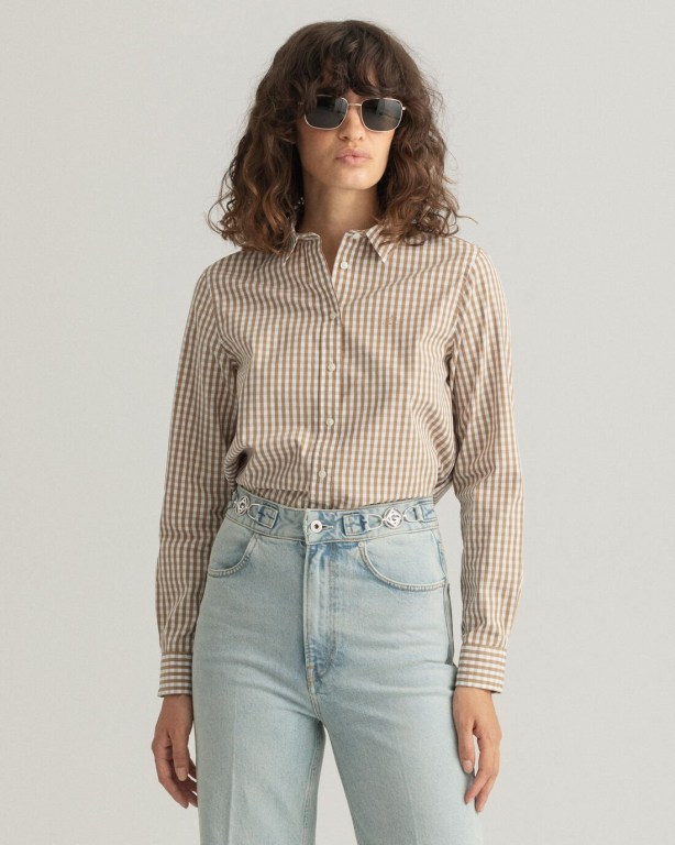 Gant Regular Fit Gingham Broadcloth Women's Shirts Khaki | HbpeWXnWbeH