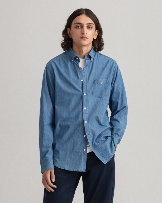 Gant Regular Fit Indigo Men's Shirts Light Blue | XAlT4G6vYch