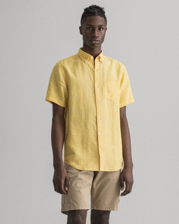 Gant Regular Fit Linen Short Sleeve Men's Shirts Yellow | E47OZ4Fiikl