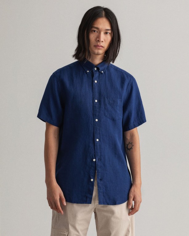 Gant Regular Fit Linen Short Sleeve Men's Shirts Navy | eBEabsLUp0e