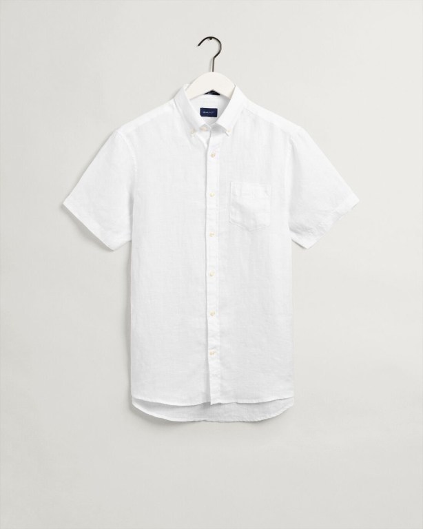 Gant Regular Fit Linen Short Sleeve Men's Shirts White | xY5bdMDk7To