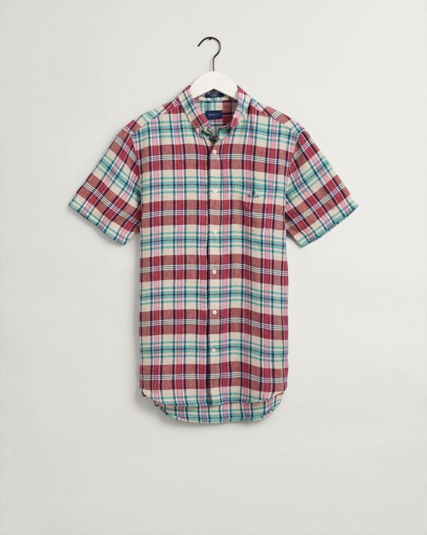 Gant Regular Fit Madras Short Sleeve Linen Men's Shirts Rose | 9W7oSlpTdzx