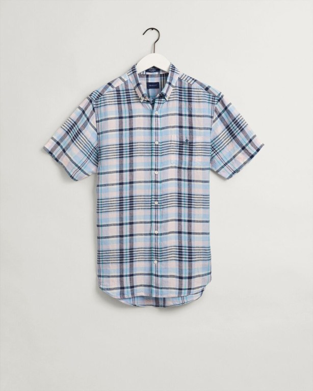 Gant Regular Fit Madras Short Sleeve Linen Men's Shirts Blue | iWnjPK1qAWn