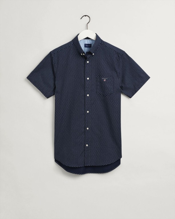 Gant Regular Fit Micro Print Short Sleeve Oxford Men's Shirts Dark Blue | lmLuDIQsExe