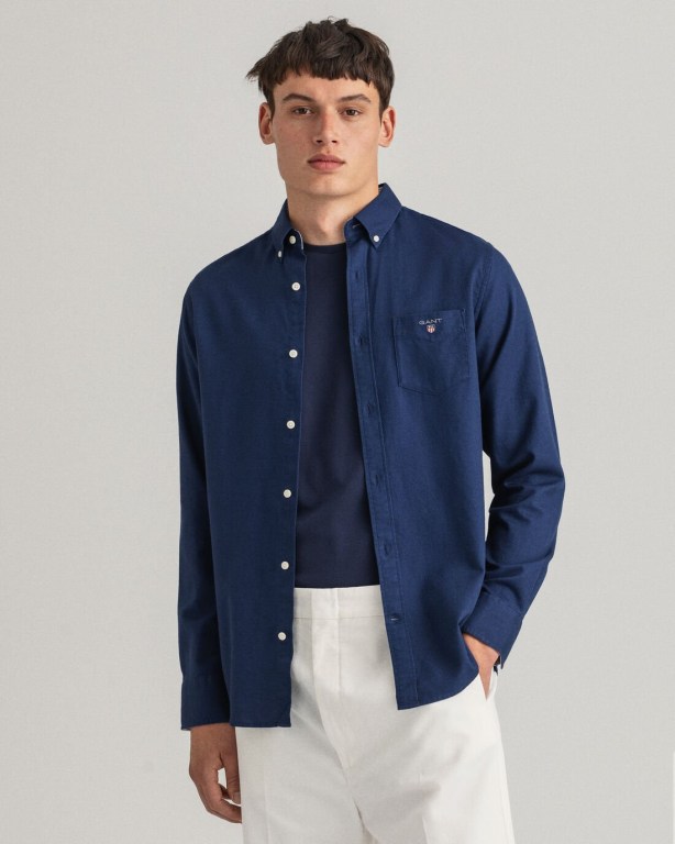 Gant Regular Fit Shield Texture Men's Shirts Blue | ivHuokMT1OV