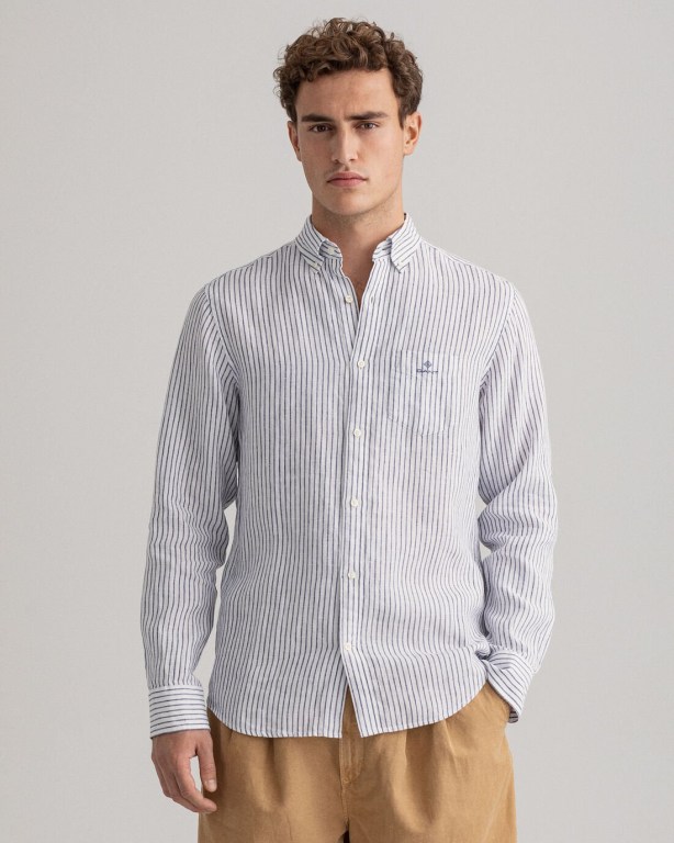 Gant Regular Fit Stripe Linen Men's Shirts White | RQlwI7Q9Qlf