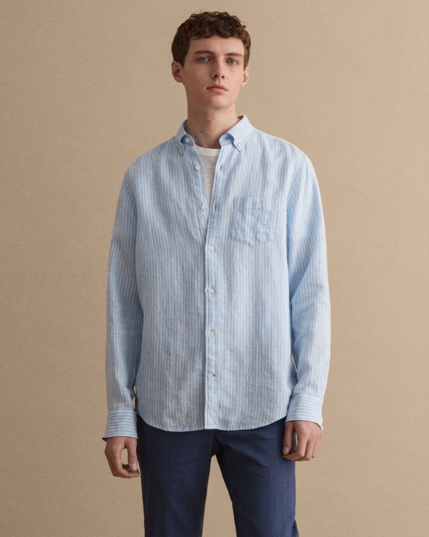 Gant Regular Fit Stripe Linen Men's Shirts Blue | uCaNWo1LUaH