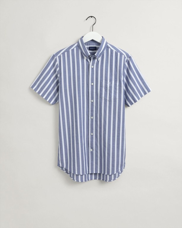 Gant Regular Fit Stripe Pastel Short Sleeve Oxford Men's Shirts Blue | RSE4OcoUyZc