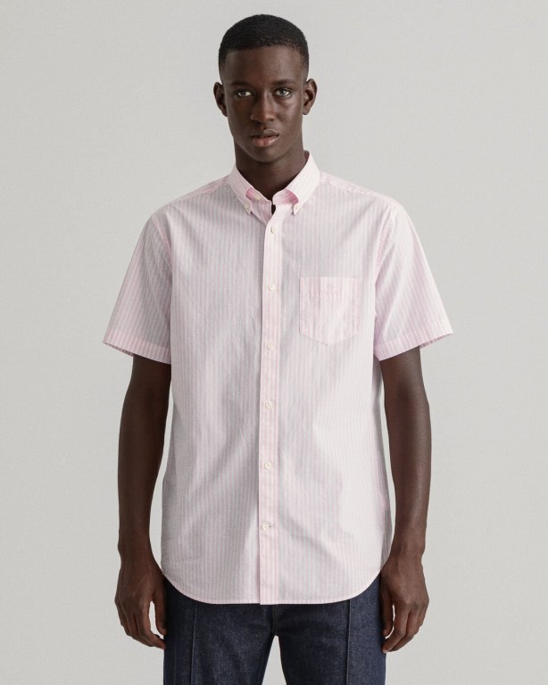 Gant Regular Fit Stripe Short Sleeve Broadcloth Men's Shirts Pink | qYtpEpia1lw