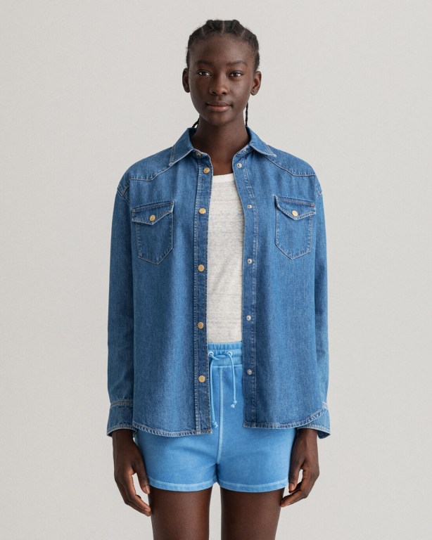 Gant Relaxed Fit Denim Women's Shirts Indigo | qqsd0YUQk1R