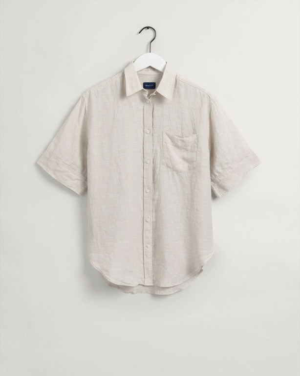 Gant Relaxed Fit Linen Chambray Short Sleeve Women's Shirts Beige | YMWDQKvAuUv