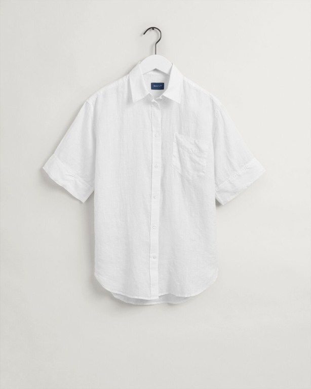 Gant Relaxed Fit Linen Chambray Short Sleeve Women's Shirts White | qNuahuTF2ul