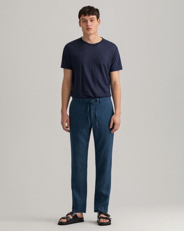 Gant Relaxed Fit Linen Drawstring Men's Pants Blue | 3bh3vuLWHzd