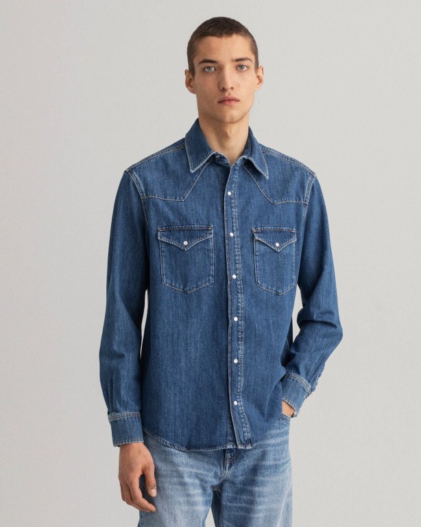 Gant Relaxed Fit Western Denim Men's Shirts Blue | ZIkYUIJTPMV