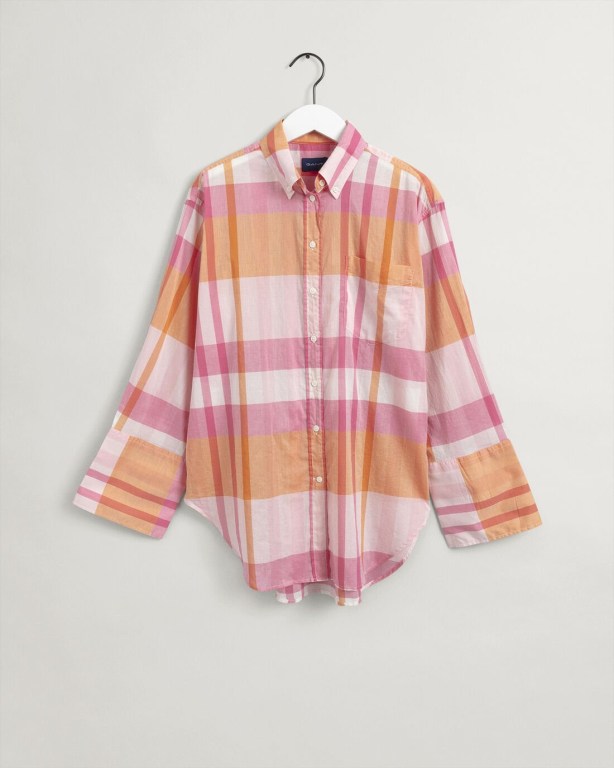 Gant Relaxed Fit Wide Cuff Madras Women's Shirts Pink | TQbS99mtsAW