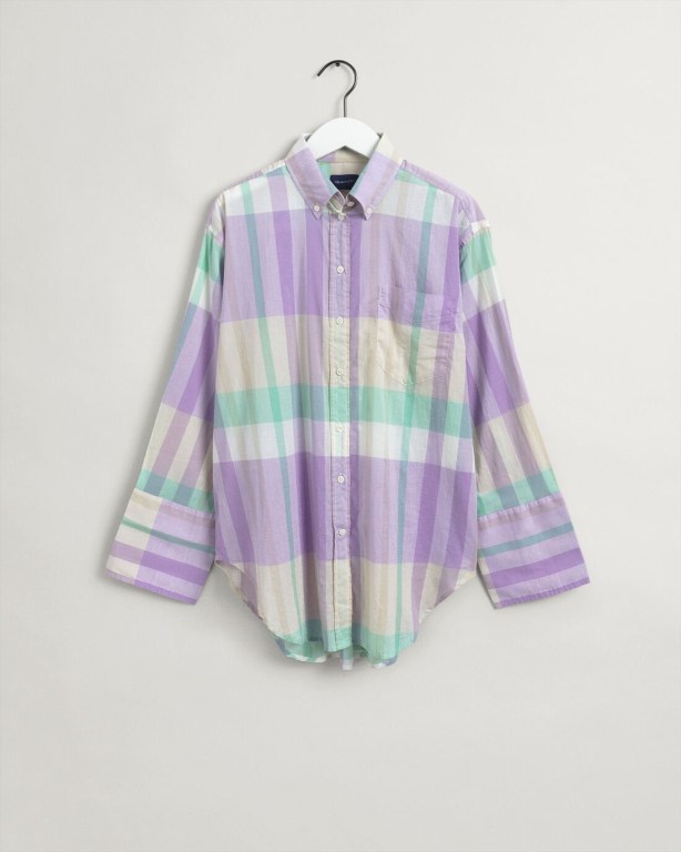 Gant Relaxed Fit Wide Cuff Madras Women's Shirts Purple | qaqmuvsp5r1