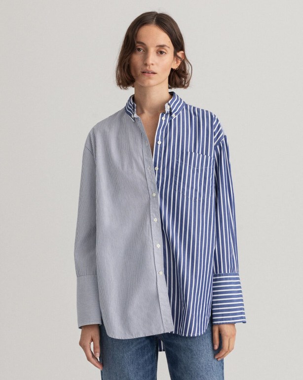 Gant Relaxed Fit Wide Cuff Mixed Stripe Women's Shirts Blue | k5WRMAp60Eu