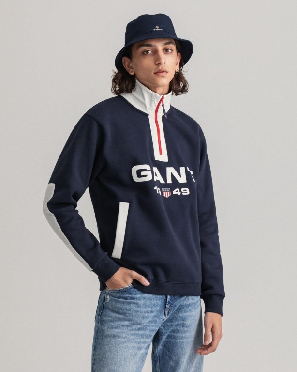 Gant Retro Logo Men's Half Zip Sweatshirts Blue | kn2yhMCxDOl