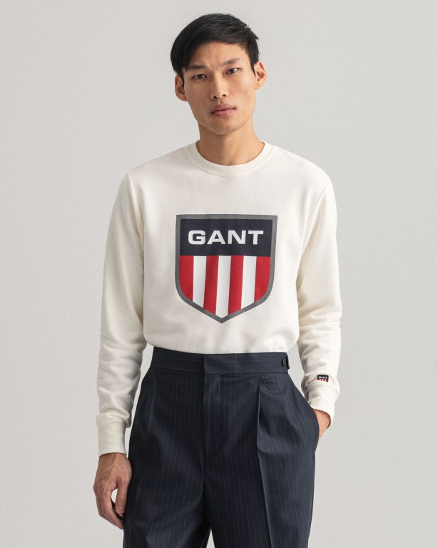 Gant Retro Shield Crew Neck Men's Sweatshirts White | IyR4CexYKzz