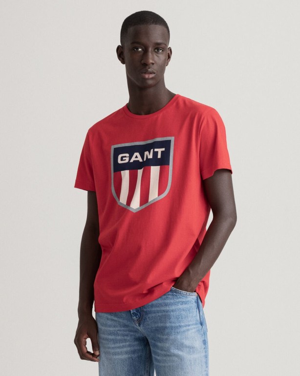 Gant Retro Shield Men's T-shirts Light Red | ItF0gFN4X25