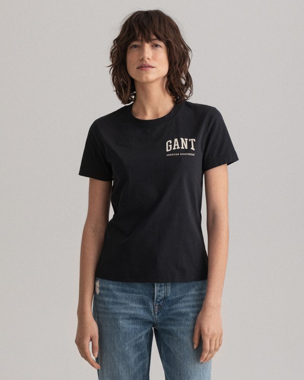 Gant Retro Shield Women's T-shirts Black | BFP6fDS8NkE