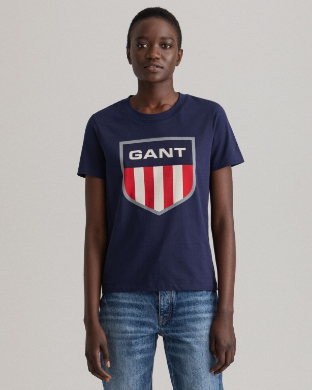 Gant Retro Shield Women's T-shirts Blue | 576CpWCRldZ