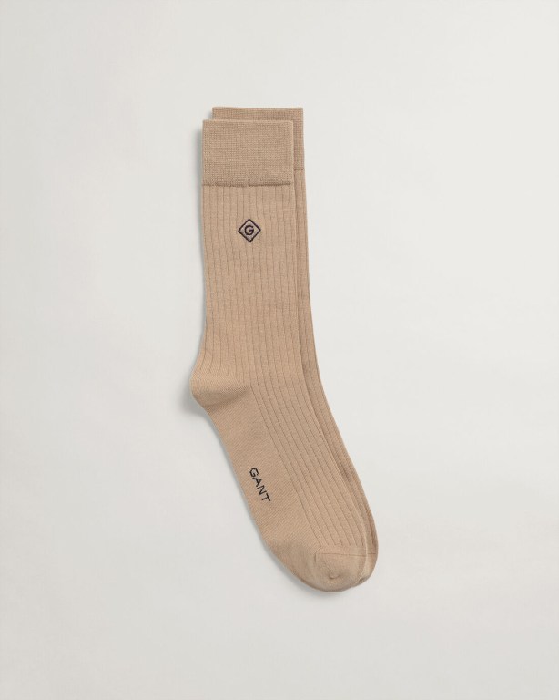 Gant Ribbed Logo Embroidery Men's Socks Dark Khaki | 8H3T7o7cN2E