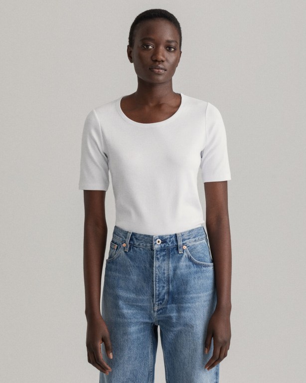 Gant Ribbed Long-Short Sleeve Women's T-shirts White | Ef4b7wvwCXj