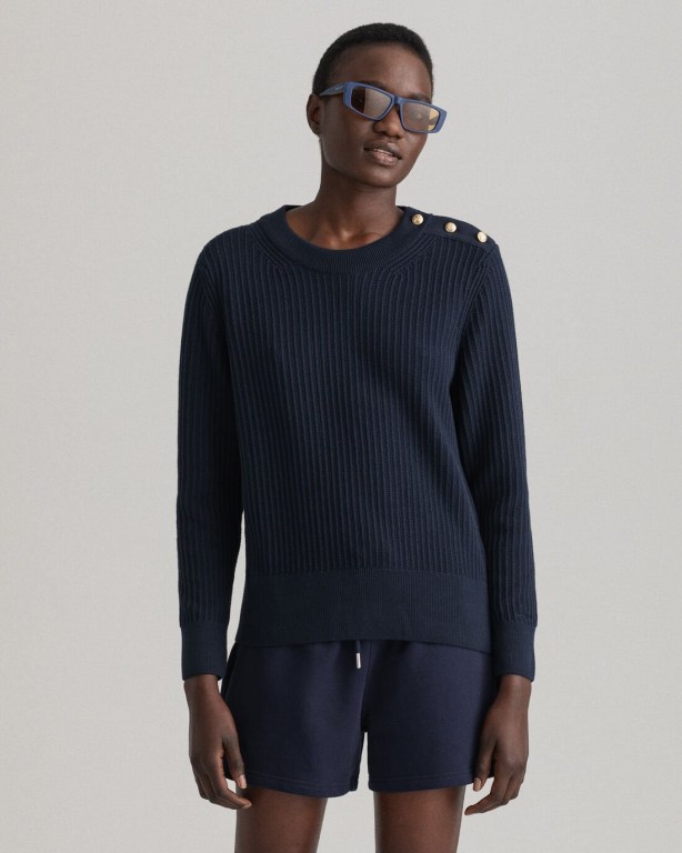 Gant Ribbed Piqué Crew Neck Women's Crew Neck Jumpers Blue | ITZRG300BSG